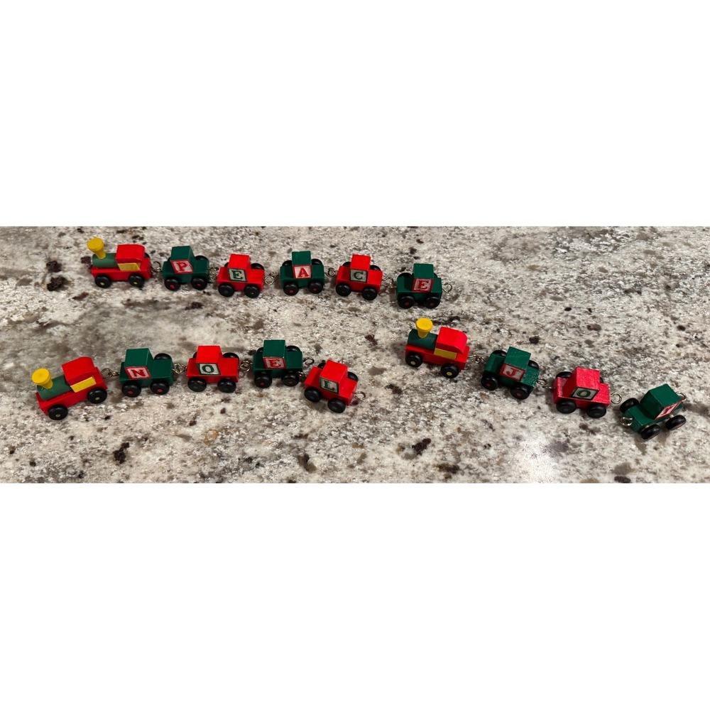 Vintage Wooden Miniature Christmas Train Set Peace Noel Joy Red Green 3 Piece